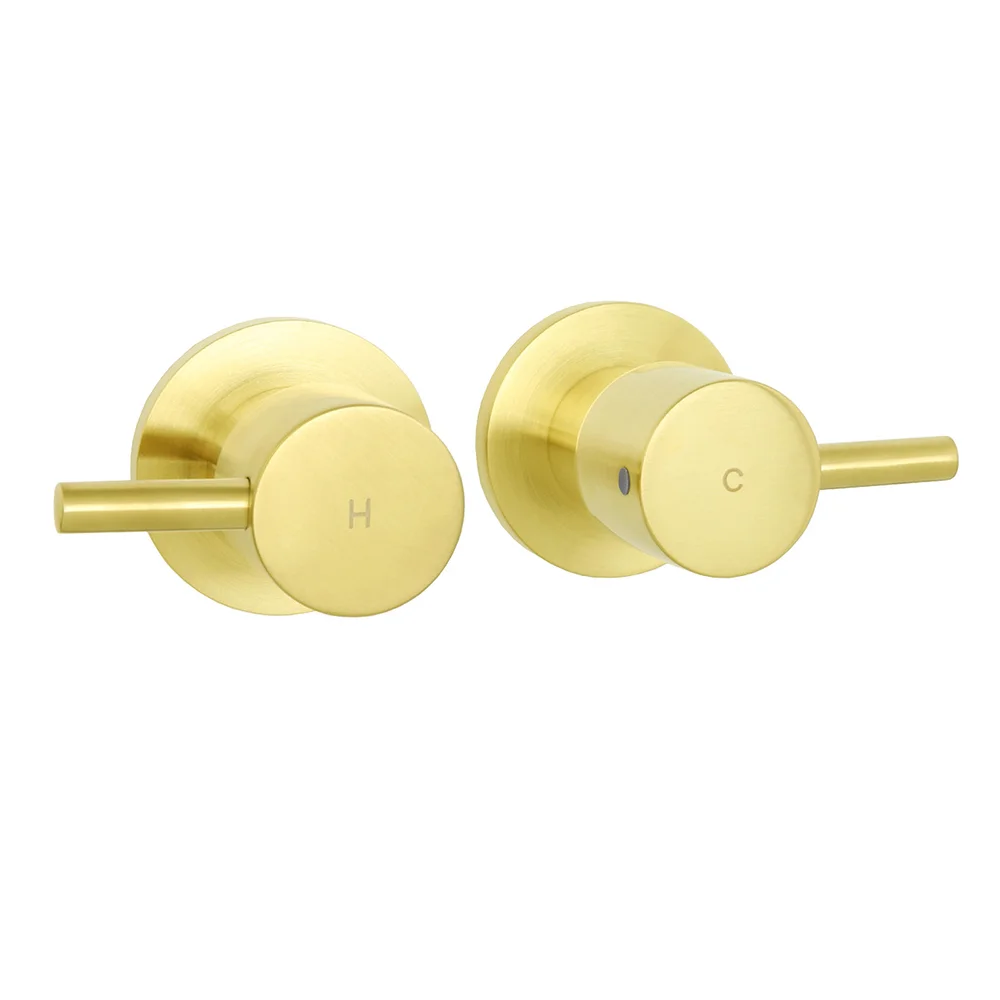 Brushed Gold Brass 1/4 Turn Round Hot Cold Tap Wall Set For Shower Vanity Spout