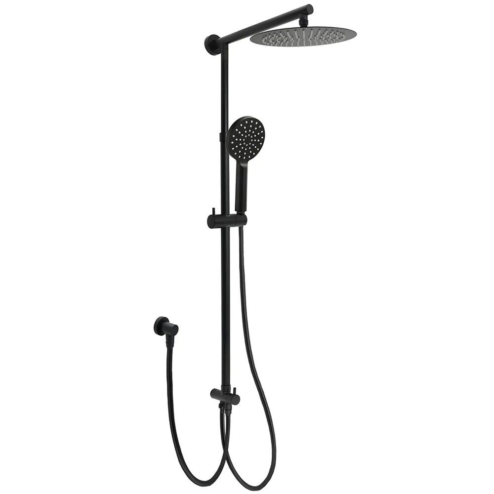 Matt Black Dual Round Shower Set 10" Rain Head 3 Mode Handheld Sliding Rail Arm Diverter