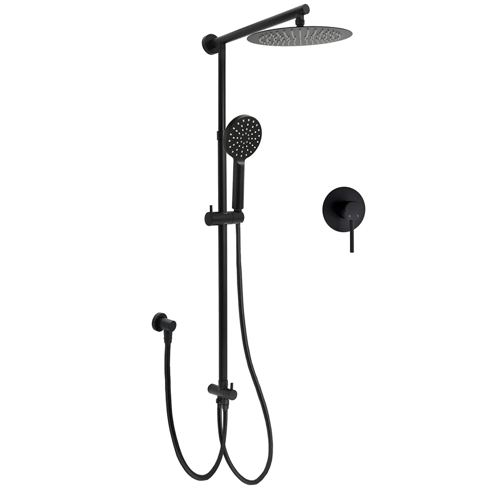 Matt Black 2in1 Round Shower 10" Rain Head 3 Mode Handheld Sliding Rail Diverter Mixer Set