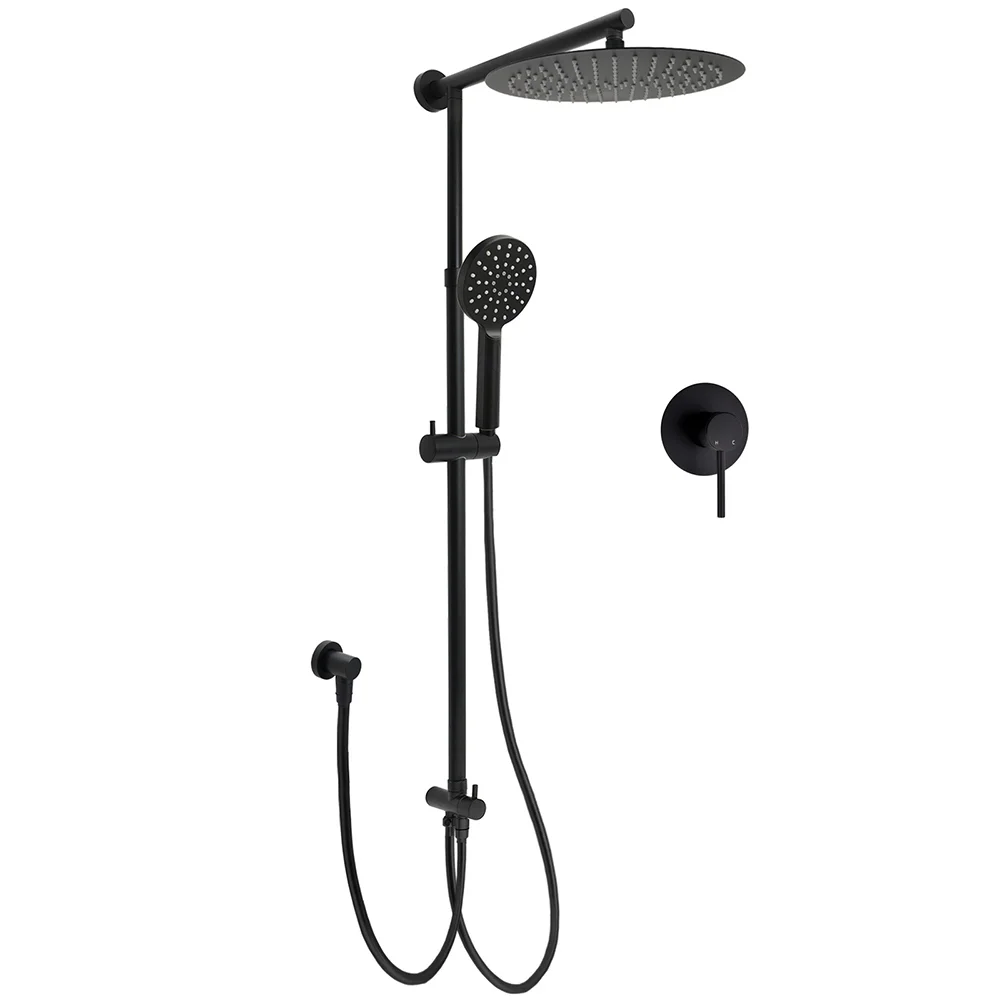 WELS Matt Black Twin Round 12" Shower Head Set Handheld Flexible Rail Wall Arm Mixer