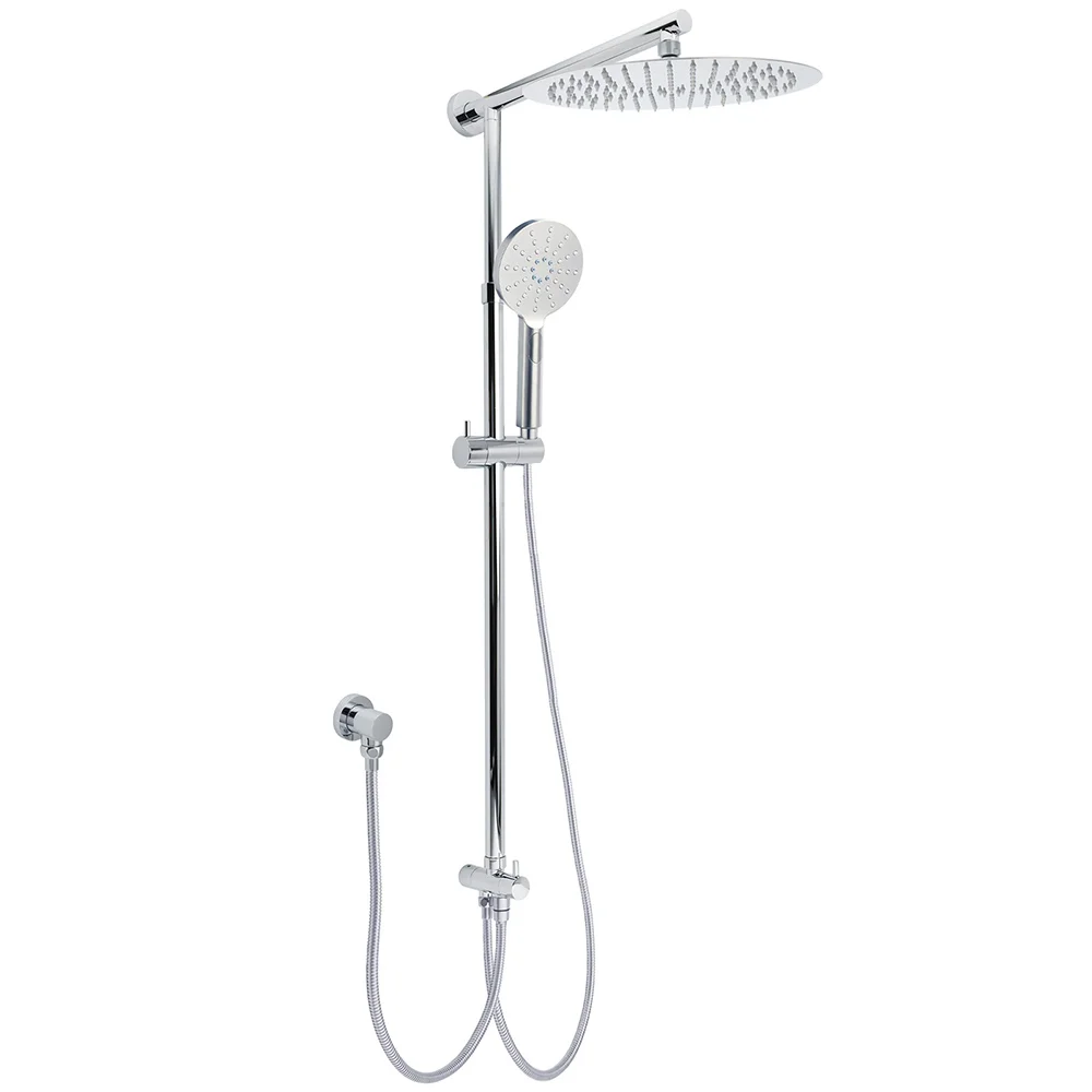 WELS Chrome Round Large 12" Rain Shower Head 3 Modes Handheld Wall Arm Rail 2in1 Set