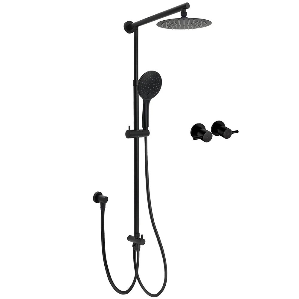 WELS Matt Black Twin Shower 8" Round Head Set Sliding Rail 3 Mode Handheld + Taps