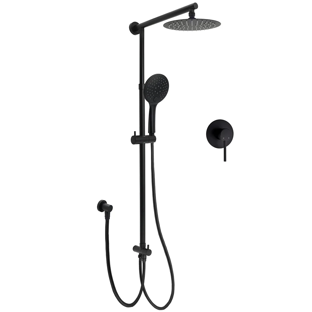 WELS Matt Black Twin Shower 8" Round Head Set Sliding Rail 3 Mode Handheld Rose + Mixer