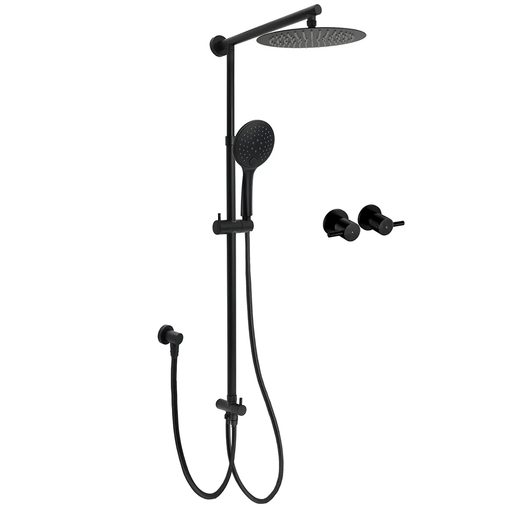 Dual Black Round Shower Set 10" Rain Head 3 Mode Handheld Sliding Rail Arm Twin Taps
