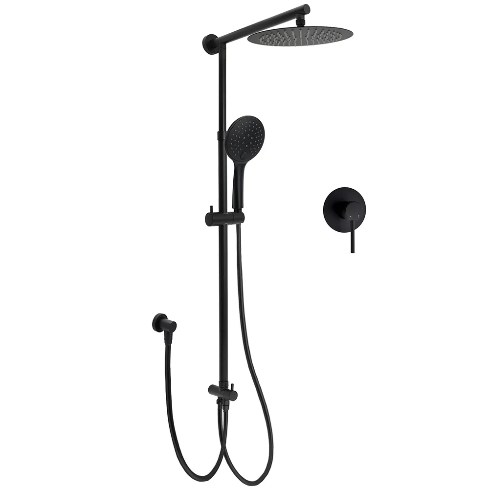 Dual Black Round Shower 10" Rain Head 3 Mode Handheld Sliding Rail Diverter Mixer Set