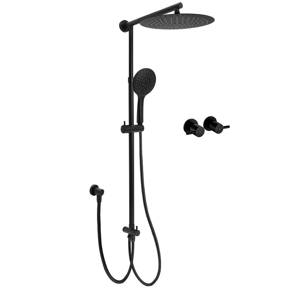 WELS Matte Black 12" 2in1 Round Shower Head Set Handheld Diverter Rail Wall Arm Twin Taps