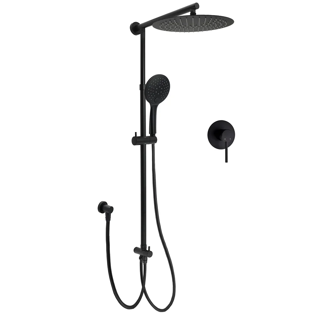 WELS Matte Black 12" Twin Round Shower Head Set Handheld Diverter Rail Wall Arm Mixer