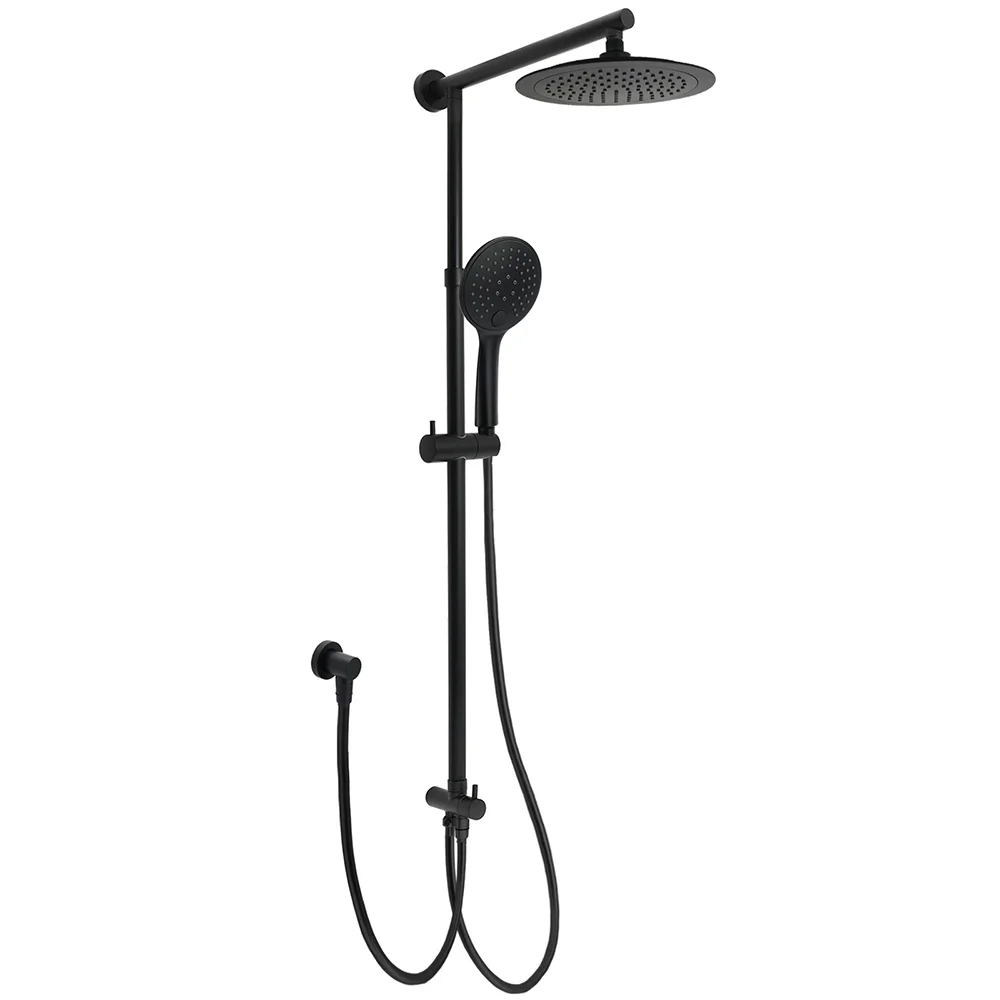 WELS Matt Black 9" Round Rain Shower Head Handheld Adjustable Rail Arm Elbow 2in1 Set