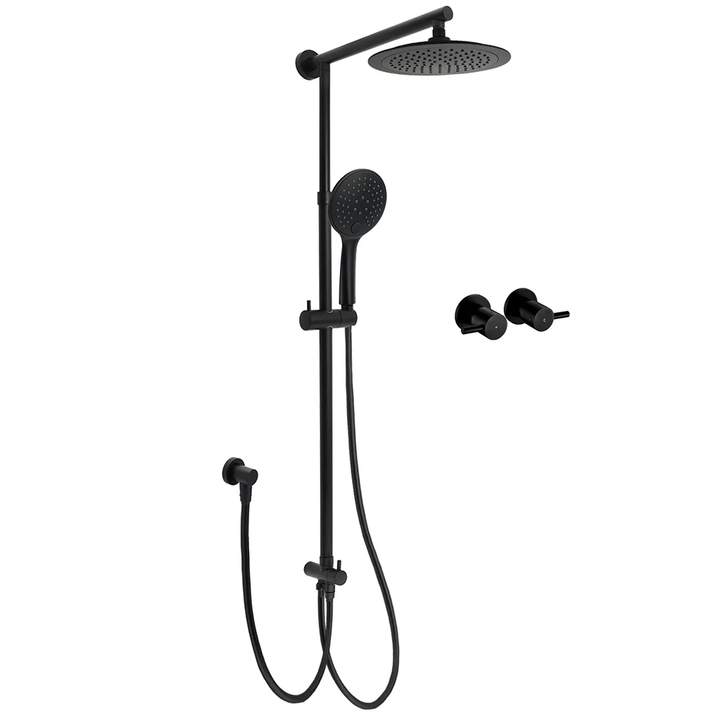 Matt Black 9" Round Rain Shower Head Handheld Adjustable Rail Arm Elbow Twin Set Hot Cold Taps