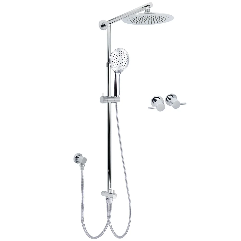 WELS Chrome Round 9" Rainfall Dual Shower Head & Handheld Sliding Rail Wall Arm Twin Taps