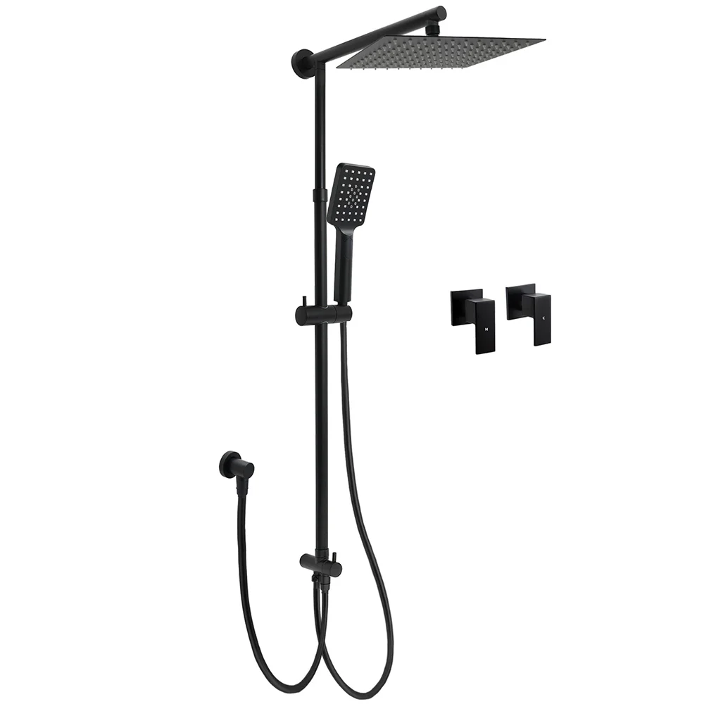 Matt Black 2in1 Set Square 10" Shower Rain Head Handheld Adjustable Silding Rail + Twin Taps
