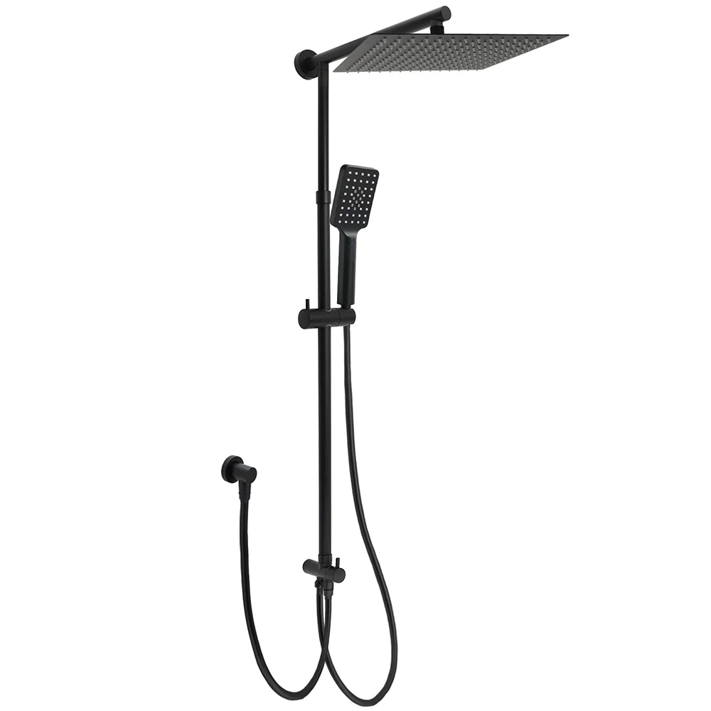 WELS Matt Black Dual Shower Large 12" Square Head Handheld Adjustable Silding Rail Set