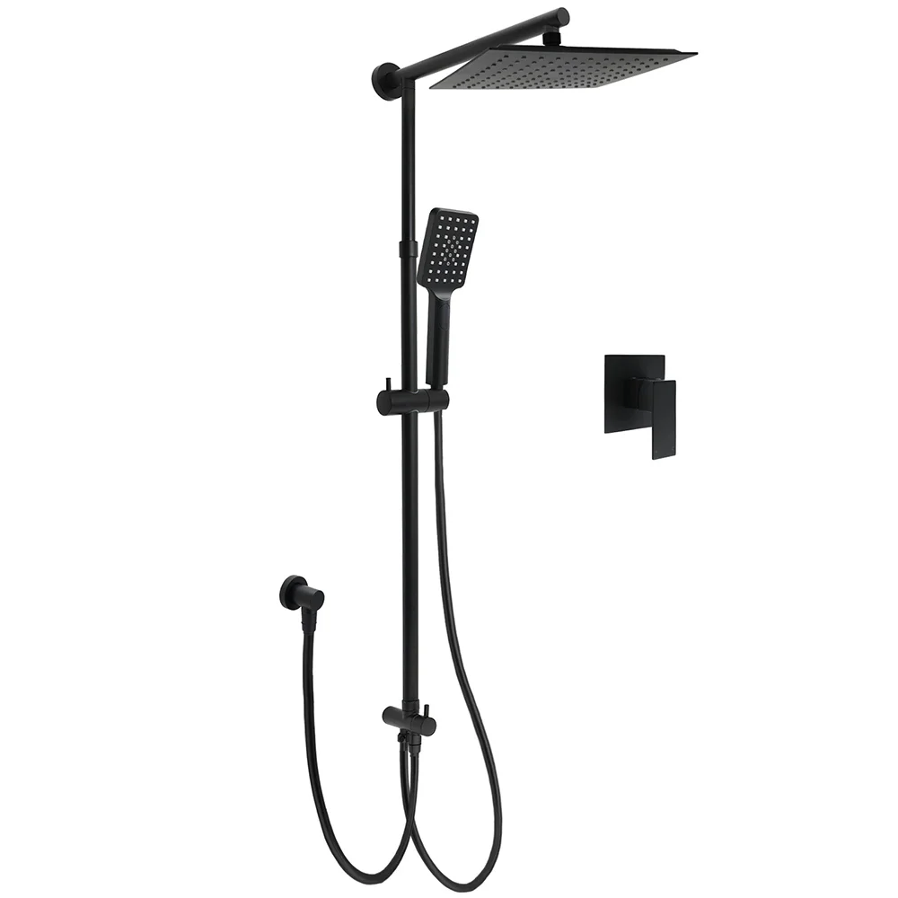 WELS Matt Black 2in1 Square 10" Rain Shower Head 3 Mode Handheld Adjustable Rail Set + Mixer