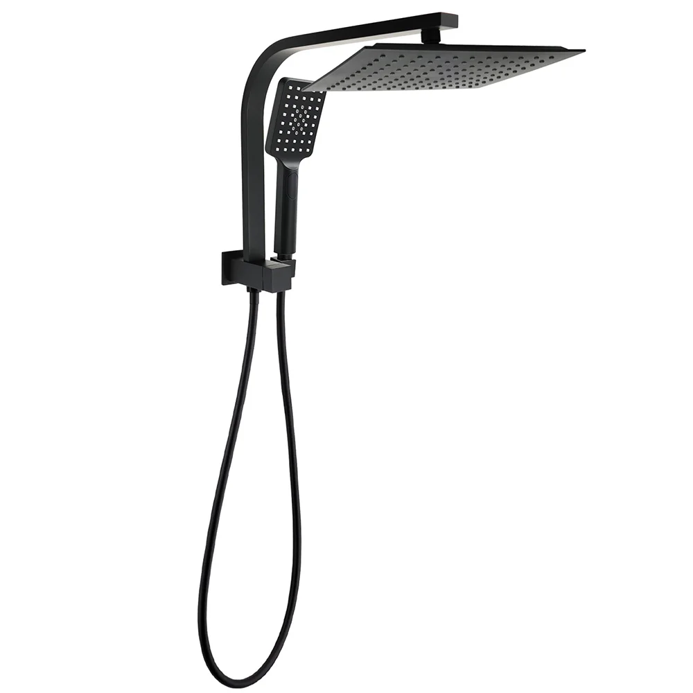WELS Matt Black 10" Rain Shower Head 3 Mode Handheld Gooseneck Arm Diverter 2in1 Set