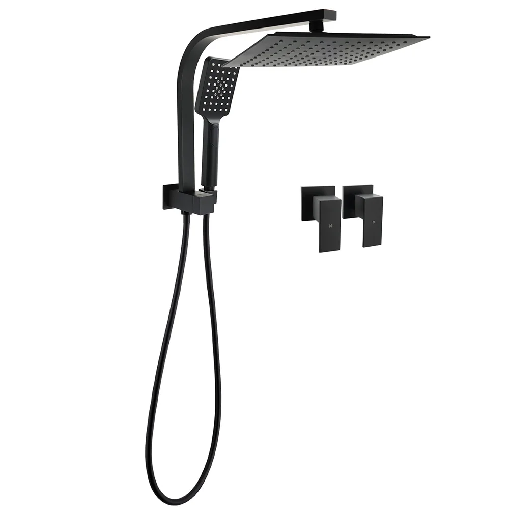 WELS Matt Black 10" Rain Shower Head 3 Mode Handheld Gooseneck Arm Diverter 2in1 Set Taps