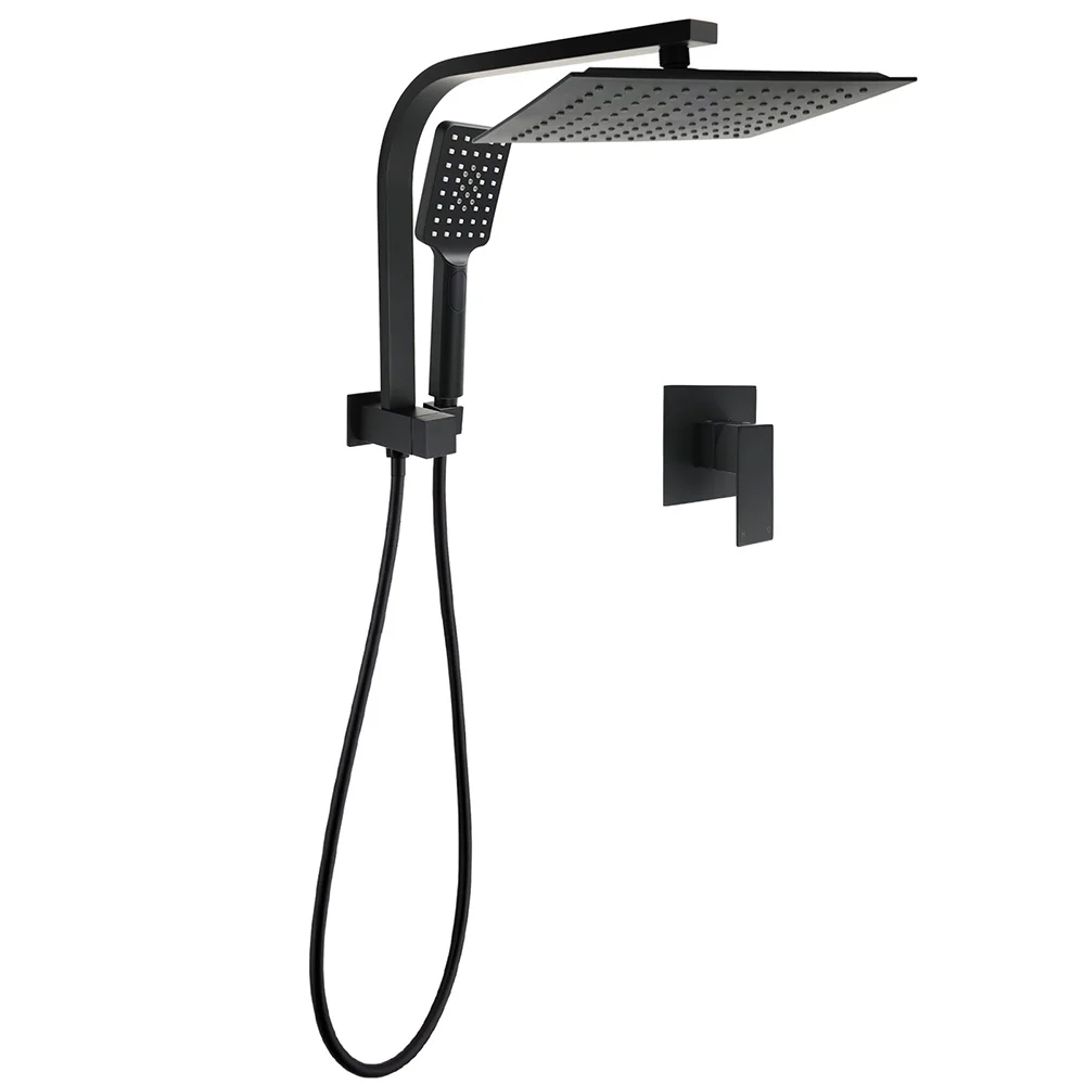 WELS Matt Black 10" Rain Shower Head 3 Mode Handheld Gooseneck Arm Diverter 2in1 Set Mixer