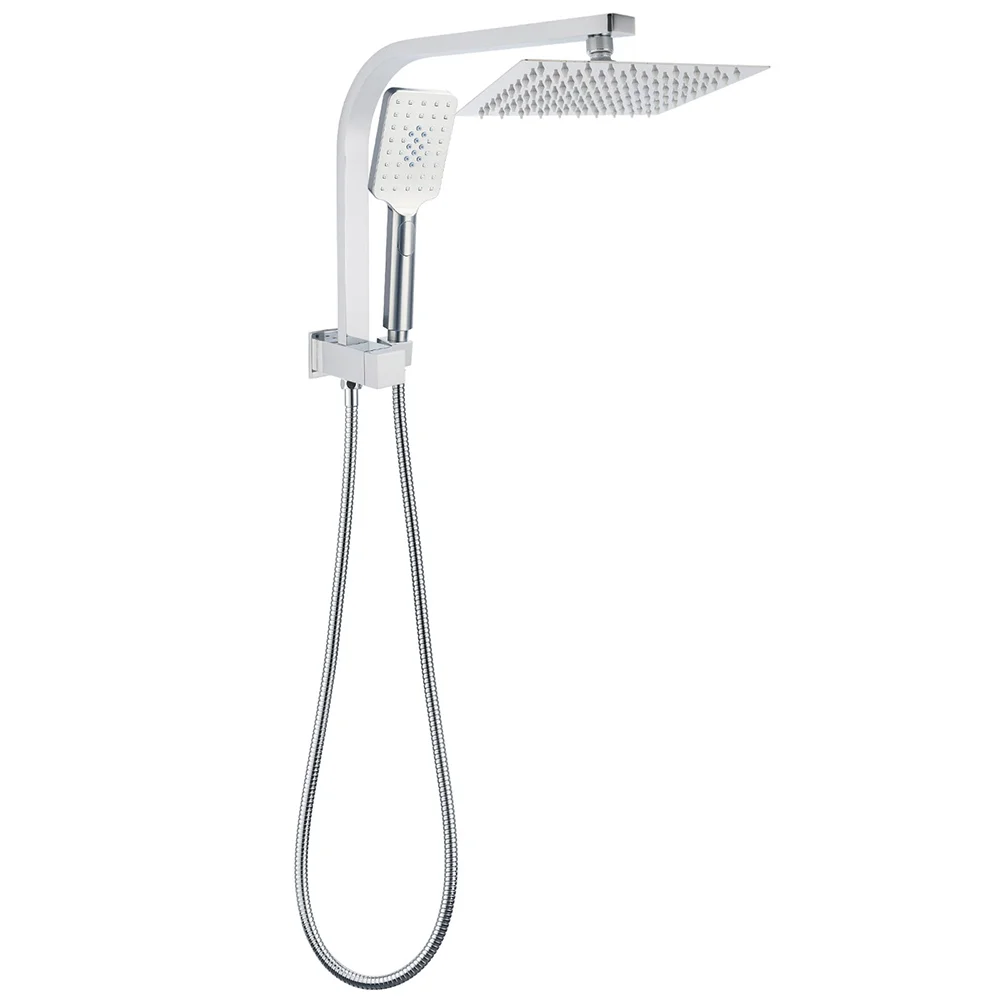 Chrome Square Twin Rain Shower 8" Head 3 Mode Handheld Diverter Wall Arm Set