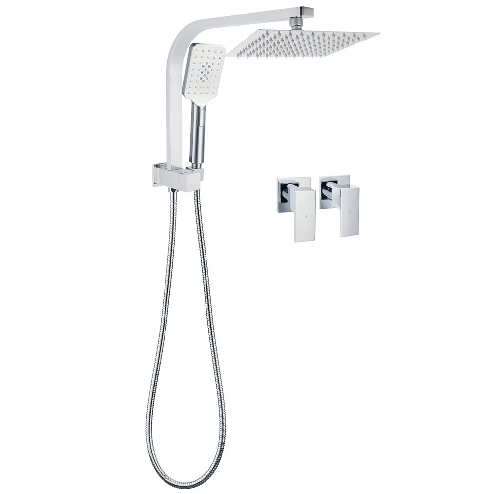 WELS Chrome Square Dual Rain Shower 8" Head 3 Mode Handheld Diverter Wall Arm Twin Taps Set