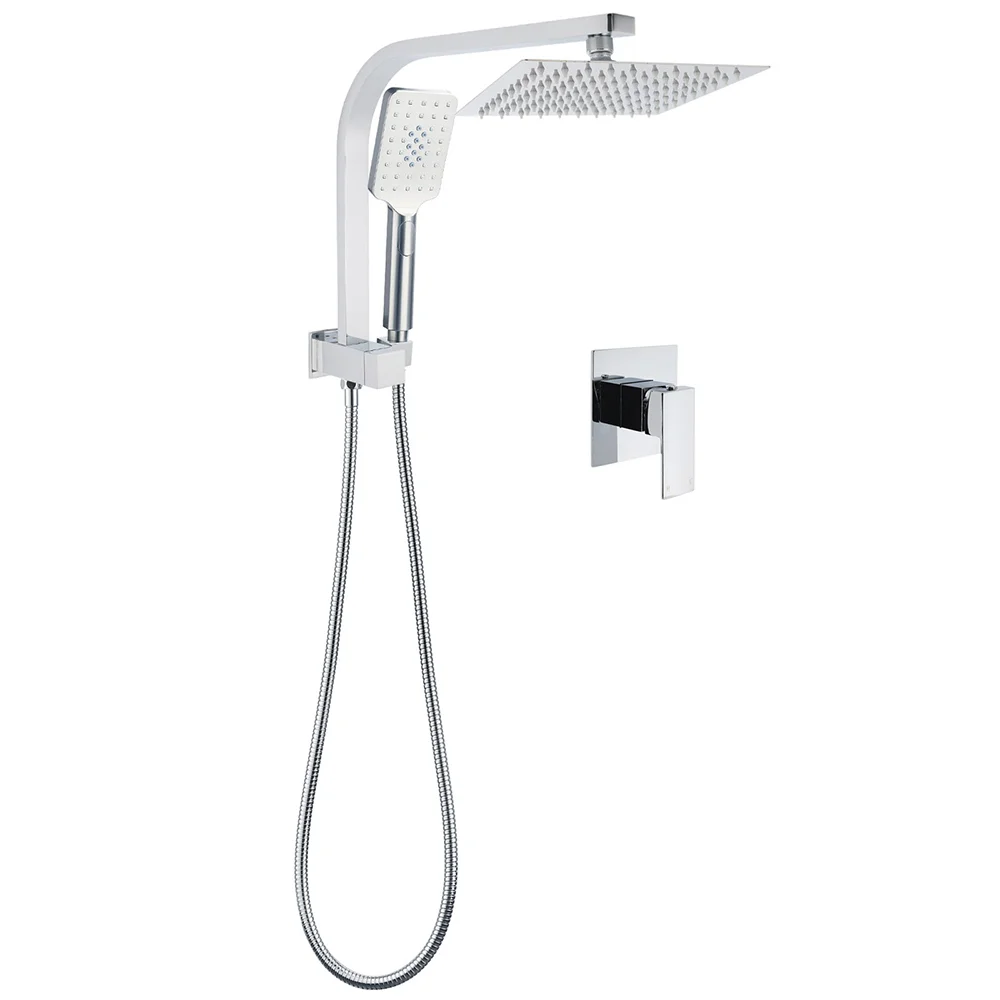 WELS Chrome Square Dual Rain Shower 8" Head 3 Mode Handheld Diverter Wall Arm Mixer Set