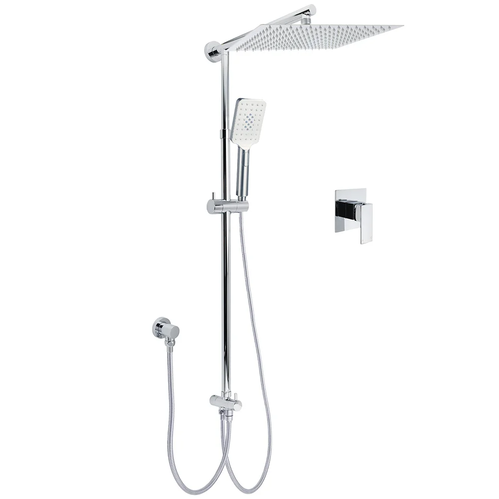 Double Square Shower Head 12" Rain Rose + 3 Modes Handheld Diverter Rail Arm Mixer Set