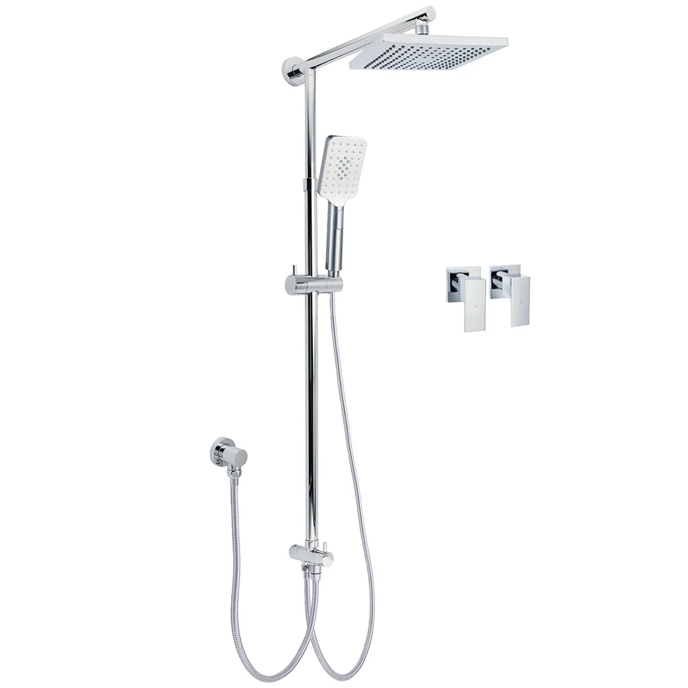 WELS Square Plastic Shower 8" Rainfall Head 3 Mode Handheld Sliding Rail Wall Arm + Twin Taps
