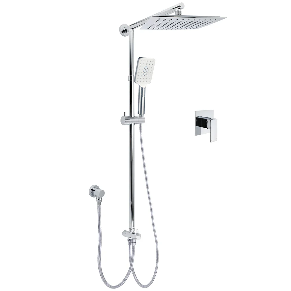 WELS Chrome Square 10" Rain Shower Head 3 Mode Handheld Sliding Rail Wall Arm With Mixer