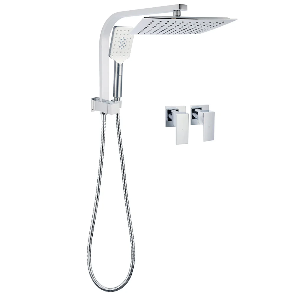 WELS Twin Square 10" Rain Shower Head 3 Mode Handheld Diverter Wall Arm Taps Valve