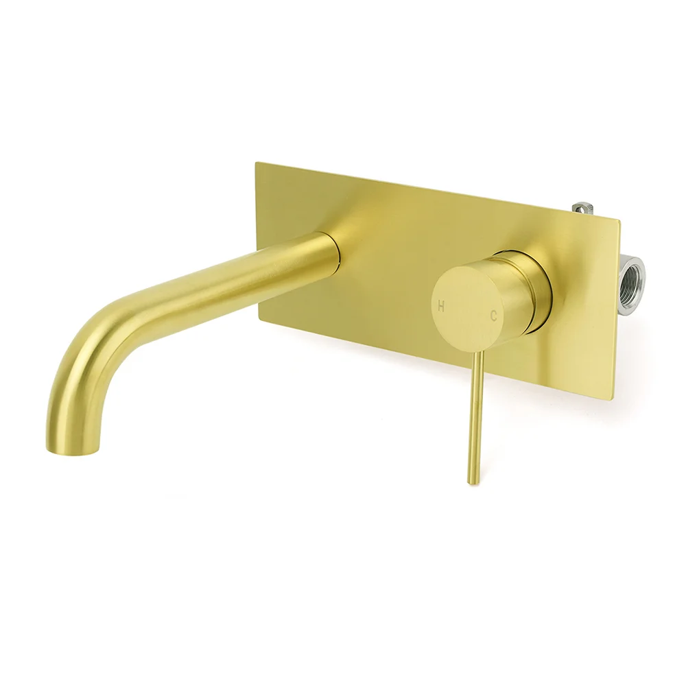 Brushed Gold Round Wall Mounted Basin Mixer Vanity Sink Tap Faucet Curve Spout