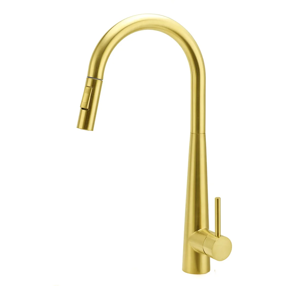 Brushed Gold Pull Out Kitchen Sink Tap Basin Mixer Faucet 2 Mode Spraying Spout