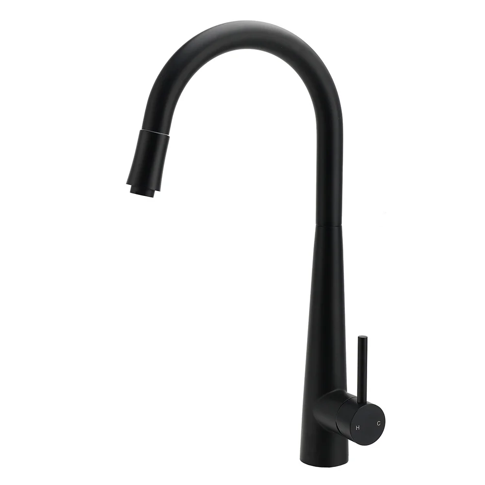 Matt Black Pull Out Long Hose Kitchen Sink Tap Round Basin Mixer Faucet Spout