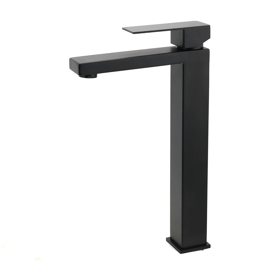 Matt Black Stainless Steel Square Tall Basin Mixer Sink Tap High Vanity Spout