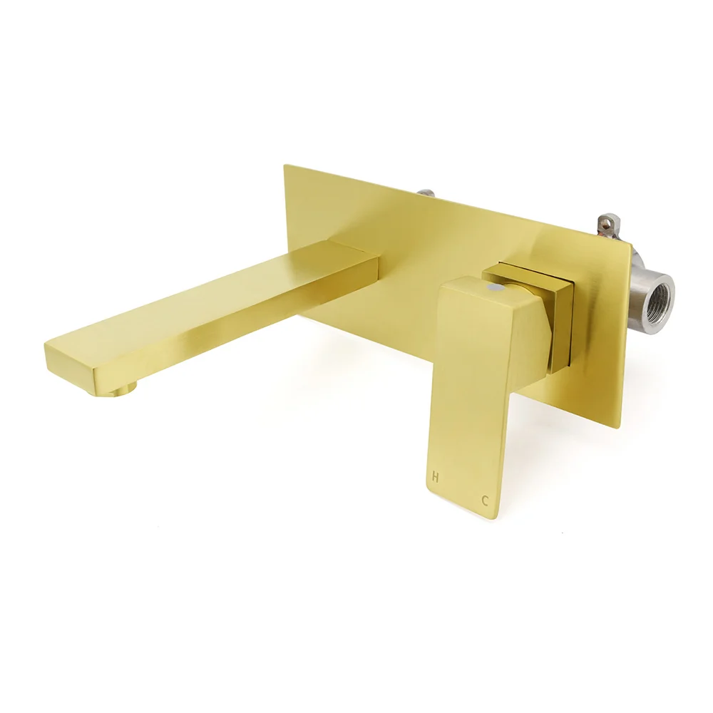 Brushed Gold Square Wall Mount Basin Mixer Laundry Vanity Tap Spout Faucet Set