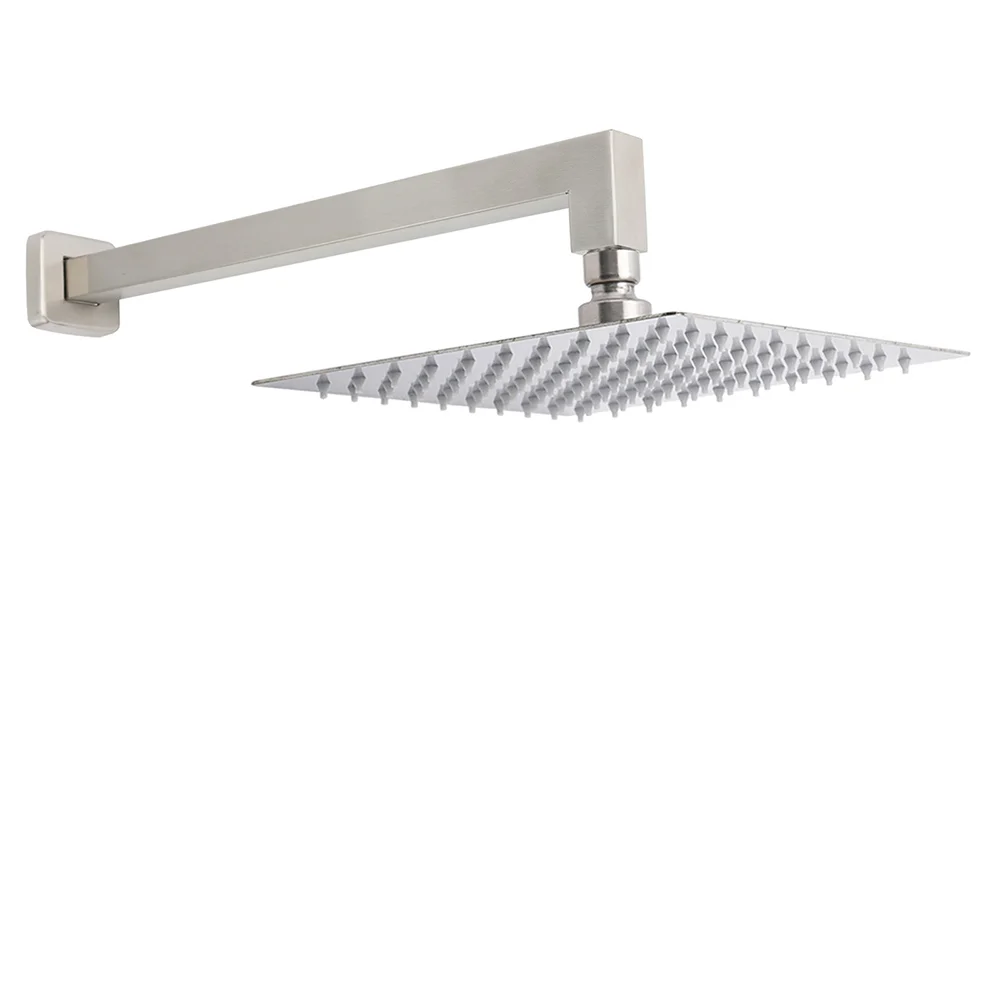 Brushed Nickel 10" Square Rainfall Shower Head + 400mm Straight Wall Mount Arm