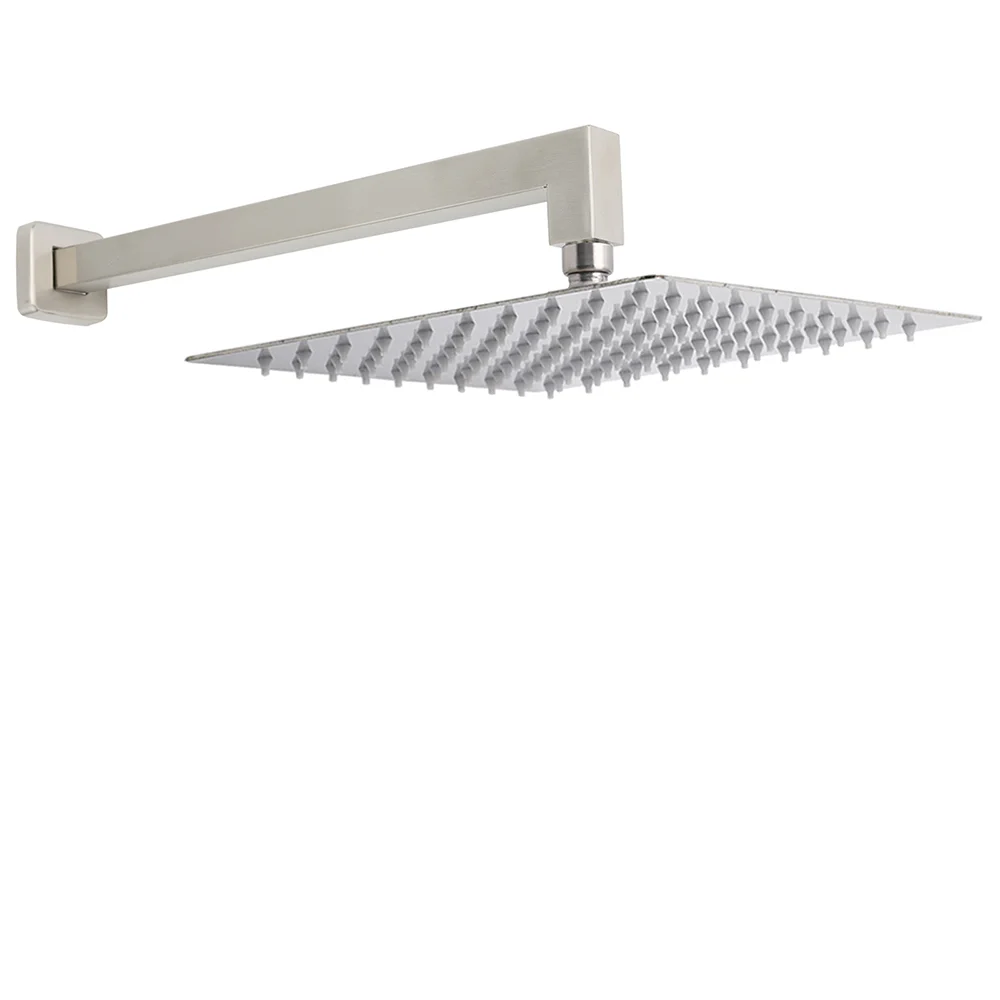 Brushed Nickel 12" Square Rainfall Shower Head + 400mm Straight Wall Mount Arm
