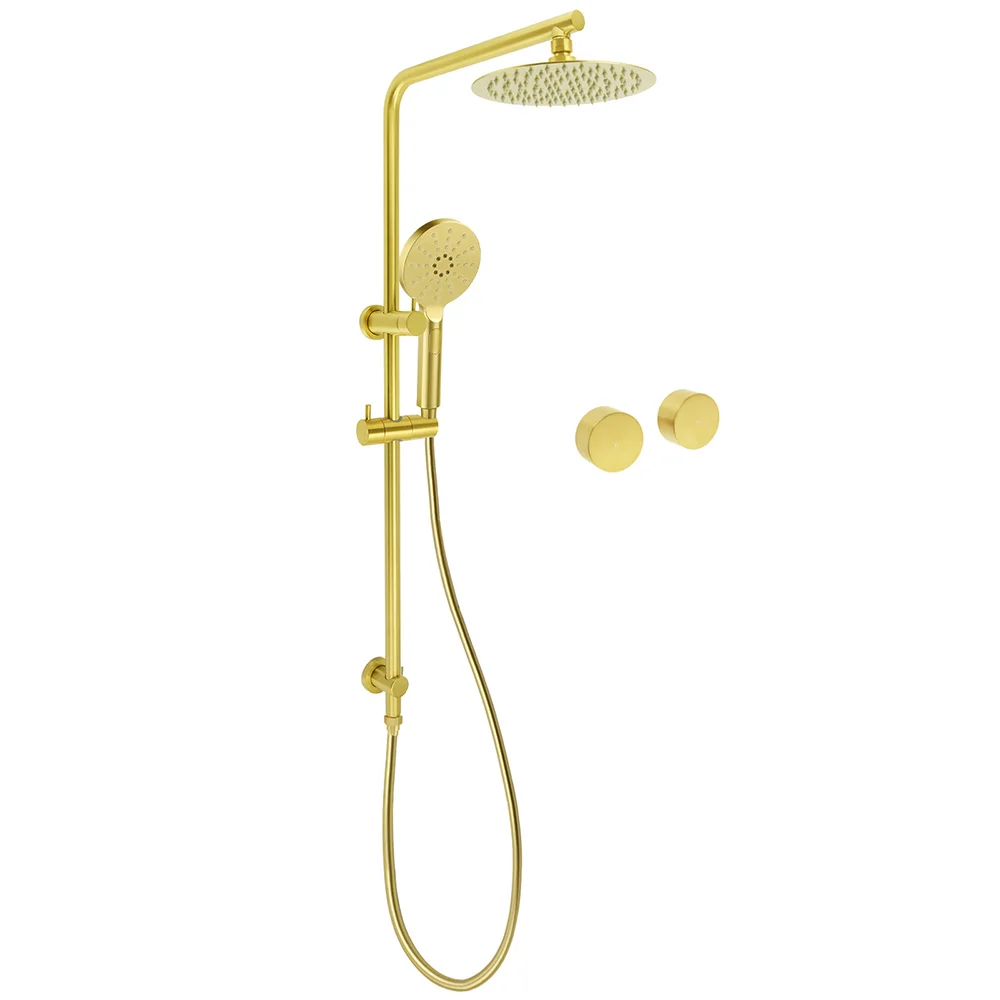 Brushed Gold Dual Shower Set 8" Round Head 3 Modes Handheld Sliding Rail Arm Twin Taps