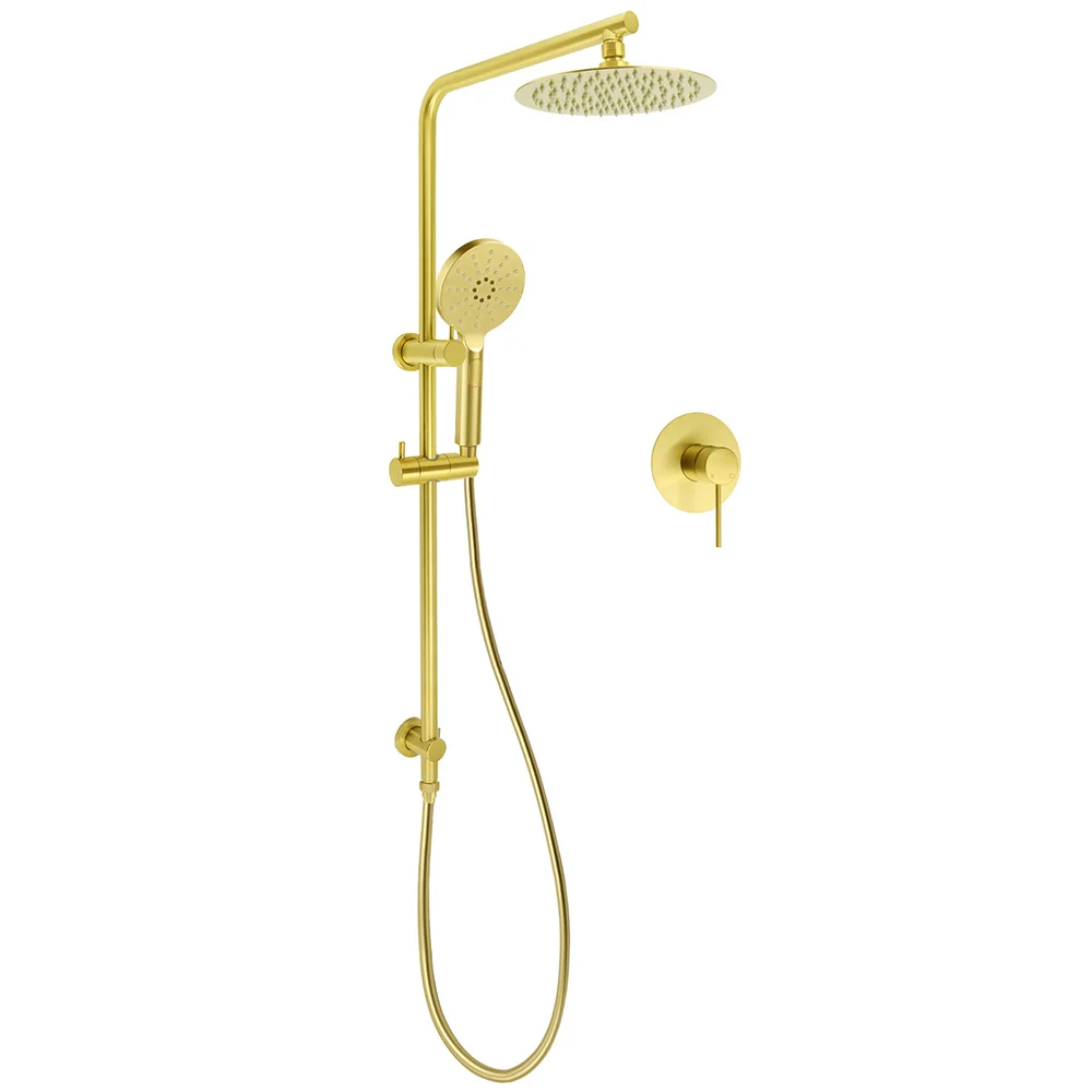 Brushed Gold Twin Shower Set 8" Round Head 3 Modes Handheld Sliding Rail Arm + Mixer