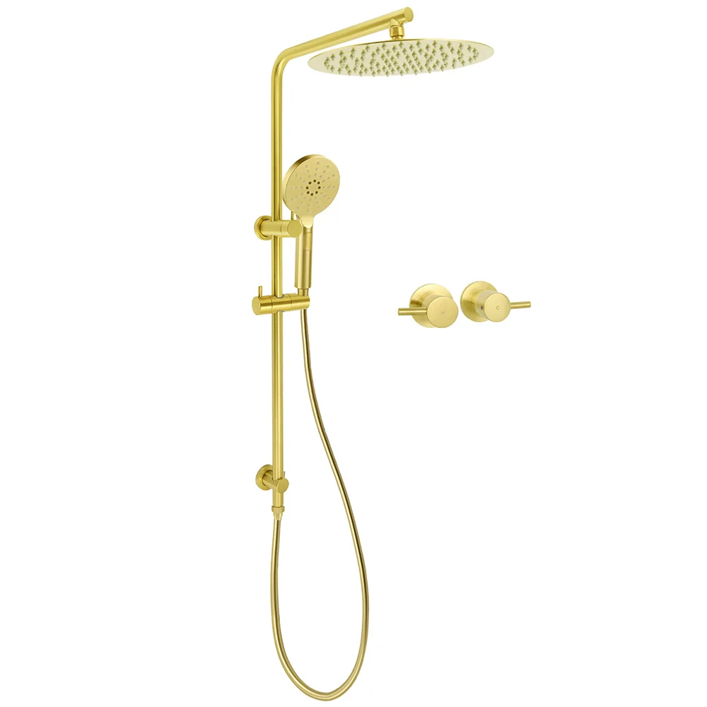 WELS Brushed Gold 2in1 Shower Large Round 12" Rain Head Handheld Silde Wall Rail Arm Twin Taps