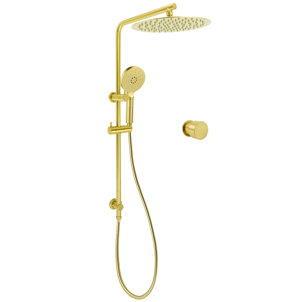 Brushed Gold Twin Shower Large Round 12" Rain Head Handheld Silde Wall Rail Arm Mixer Valve