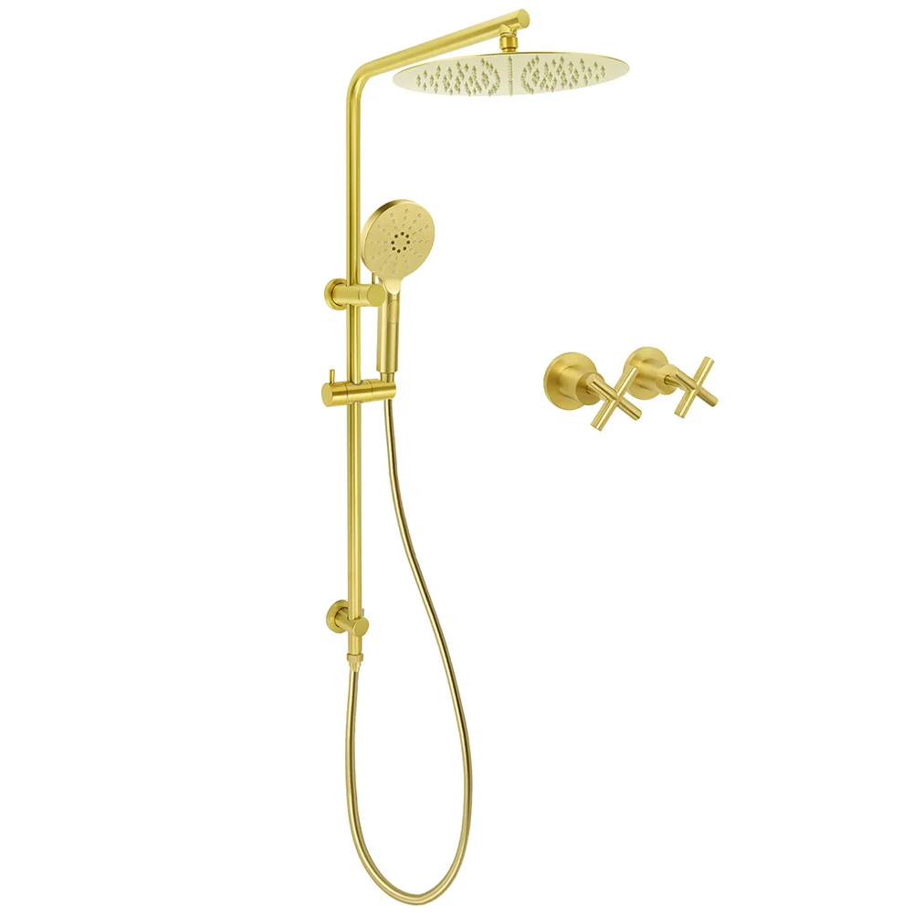 WELS Brushed Gold Twin Shower Large Round 12" Rain Head Handheld Silde Wall Rail Arm Stylish Mixer