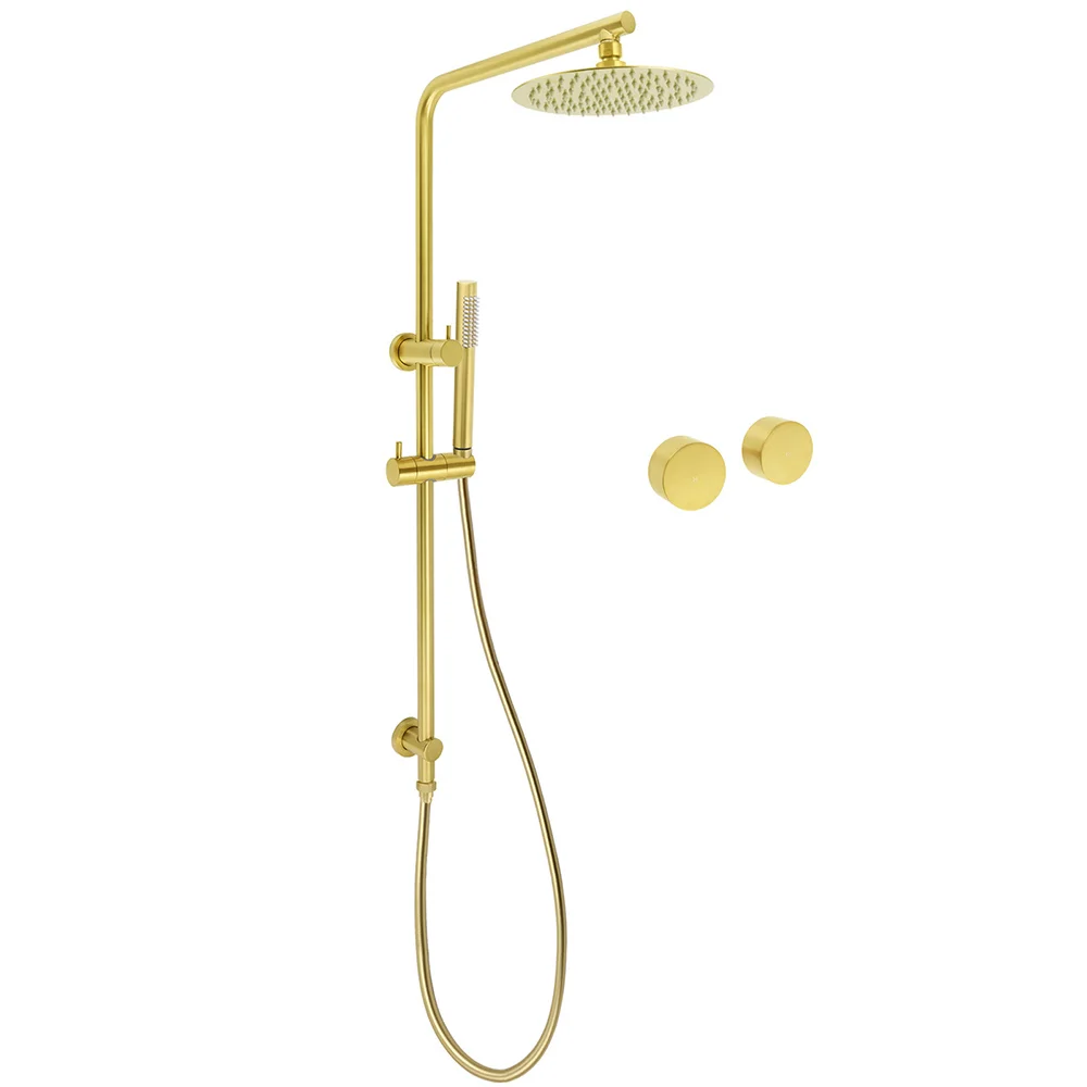 Brushed Gold Dual Shower Set 8" Round Head Ergonomic Handheld Sliding Rail Arm Twin Taps