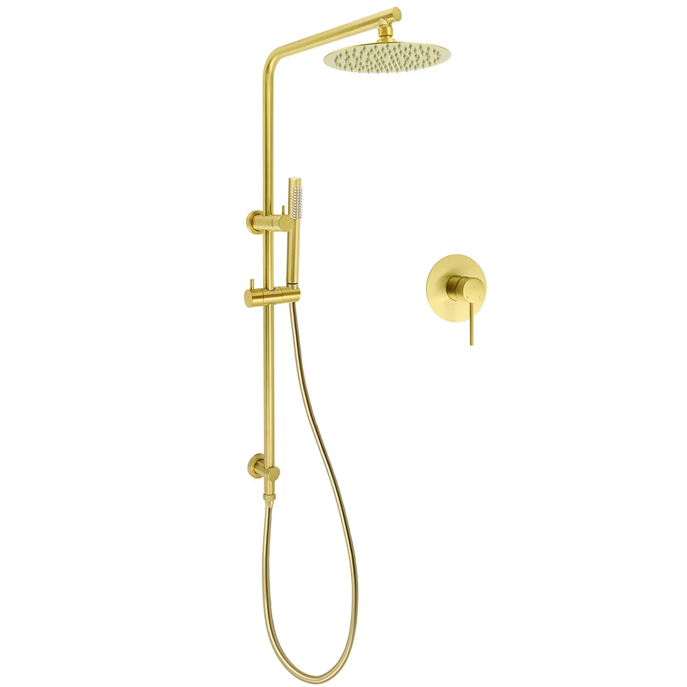 Brushed Gold Twin Shower Set 8" Round Head Single Mode Handheld Sliding Rail Arm + Wall Mixer