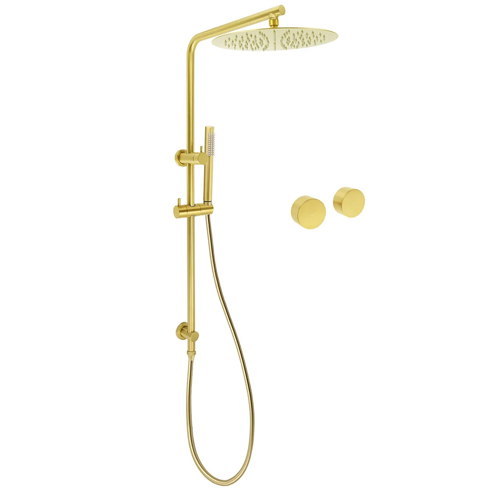 WELS Brushed Gold Dual Shower Set Large Round 12" Rainfall Head Metal Handheld Silde Rail Wall Taps