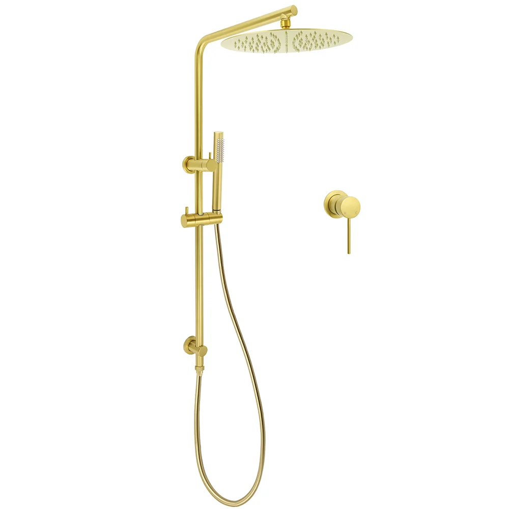 Brushed Gold Twin Shower Large Round 12" Rain Head Handheld Rose Silde Wall Rail Arm Small Face Mixer