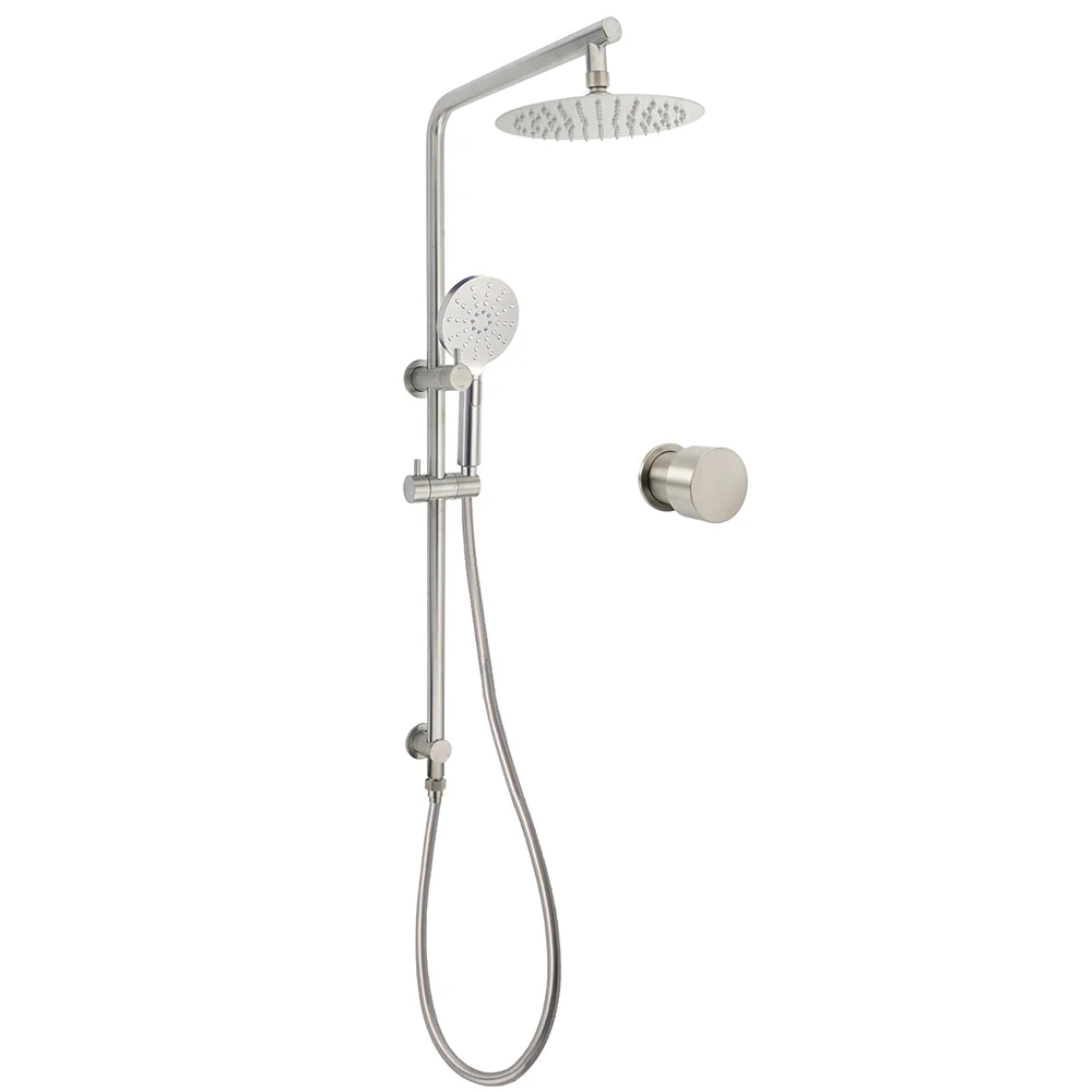 Brushed Nickel Dual Shower Set Sliding Rail Arm 8" Round Head Handheld 1/4 Turn Mixer Valve