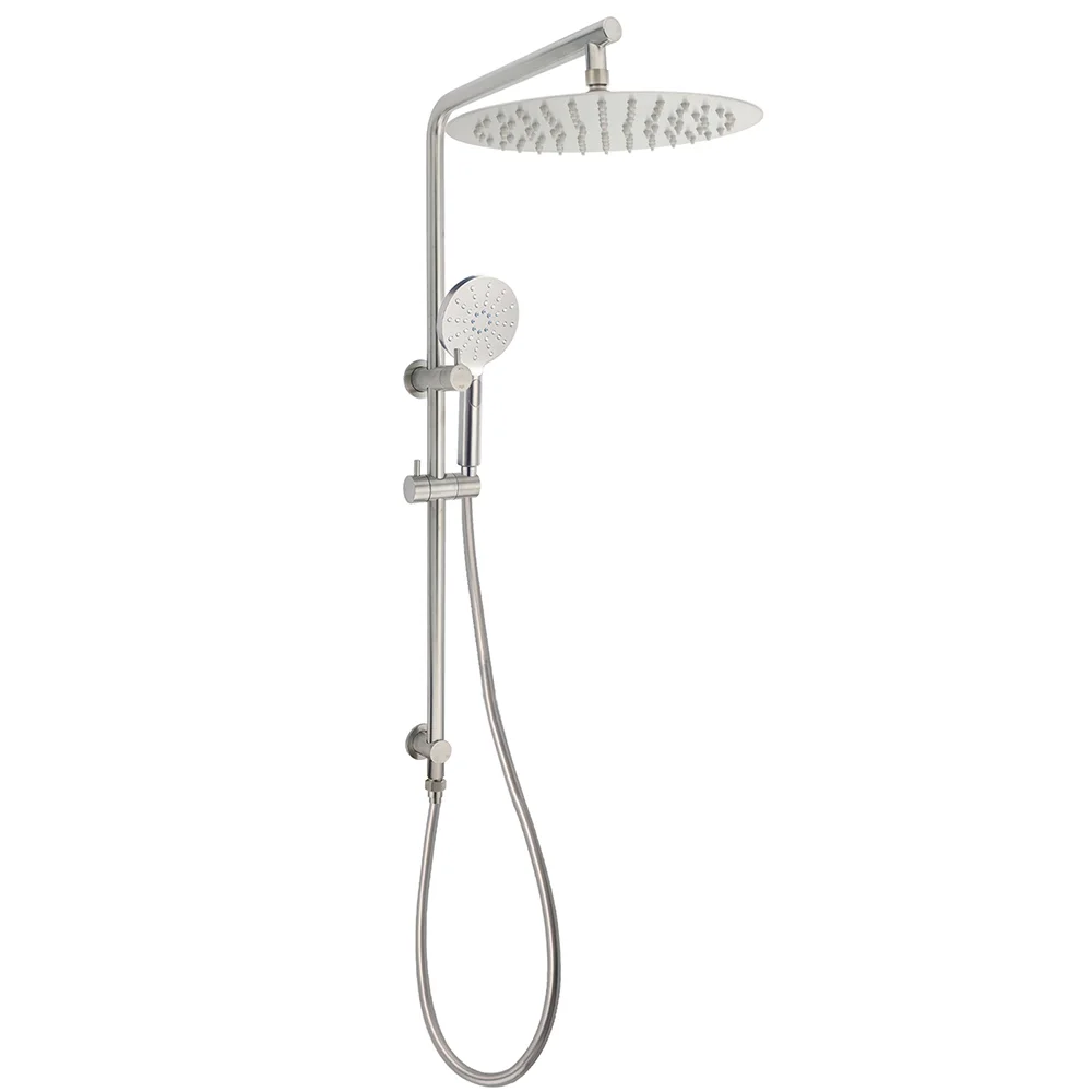 WELS Brushed Nickel Dual Shower Set Sliding Rail Arm 12" Round Head Handheld 2 Way Diverter