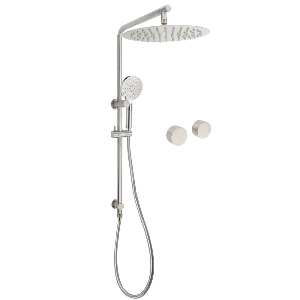 Brushed Nickel 2in1 Shower Set Sliding Rail Arm 12" Round Head Handheld Twin Taps Hot Cold Water Control