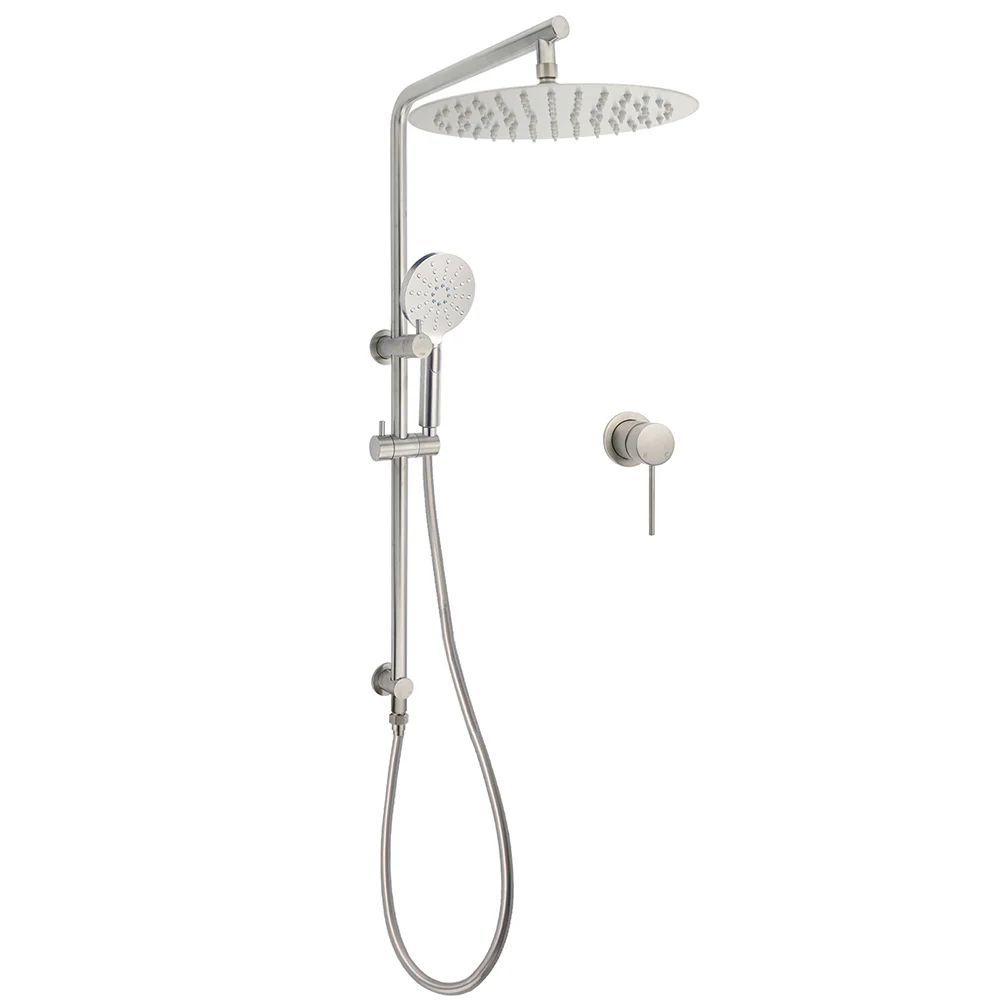 WELS Brushed Nickel 2in1 Shower Set Sliding Rail Arm 12" Round Head Handheld Small Face Mixer