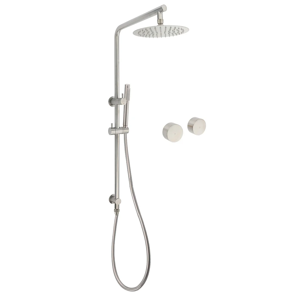 Brushed Nickel 2in1 Shower Set Sliding Rail Arm 8" Round Head Stainless Steel Handheld Twin Taps Valve