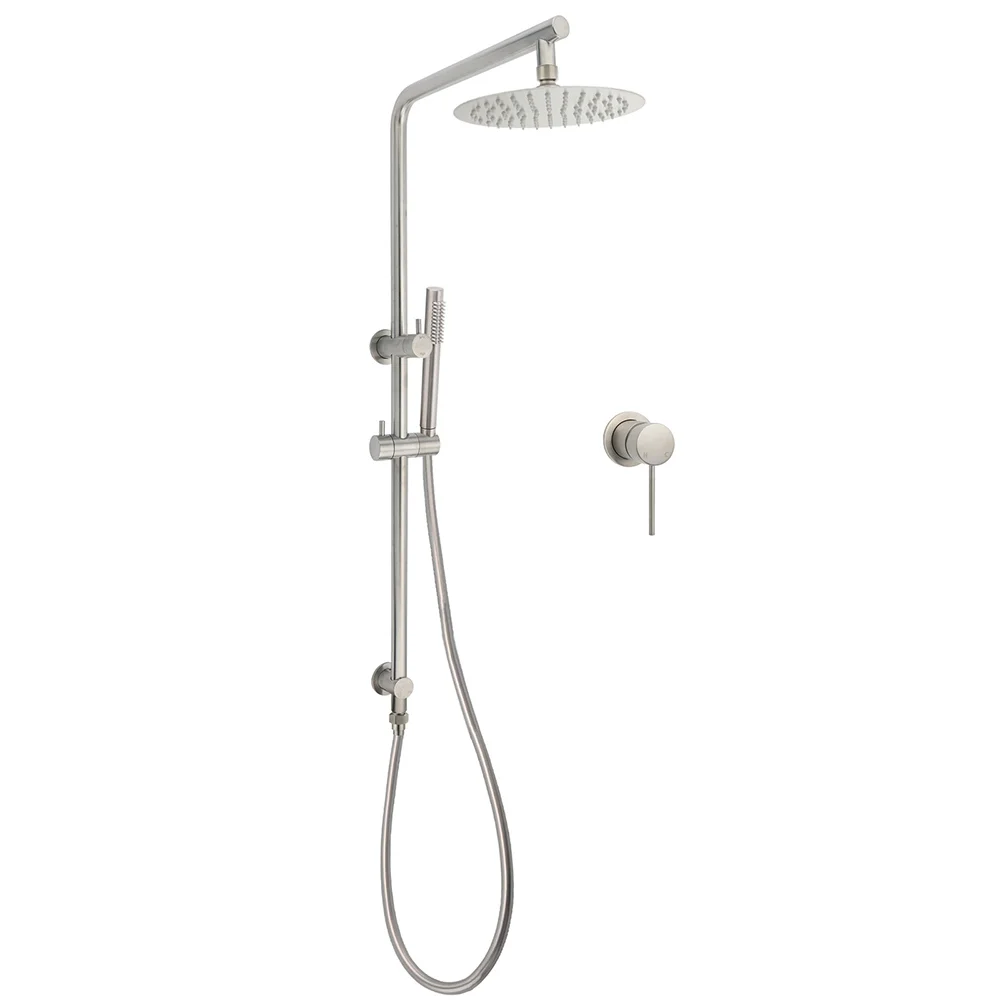WELS Brushed Nickel 2in1 Shower Set Sliding Rail Arm 8" Round Head Metal Handheld Small Face Mixer