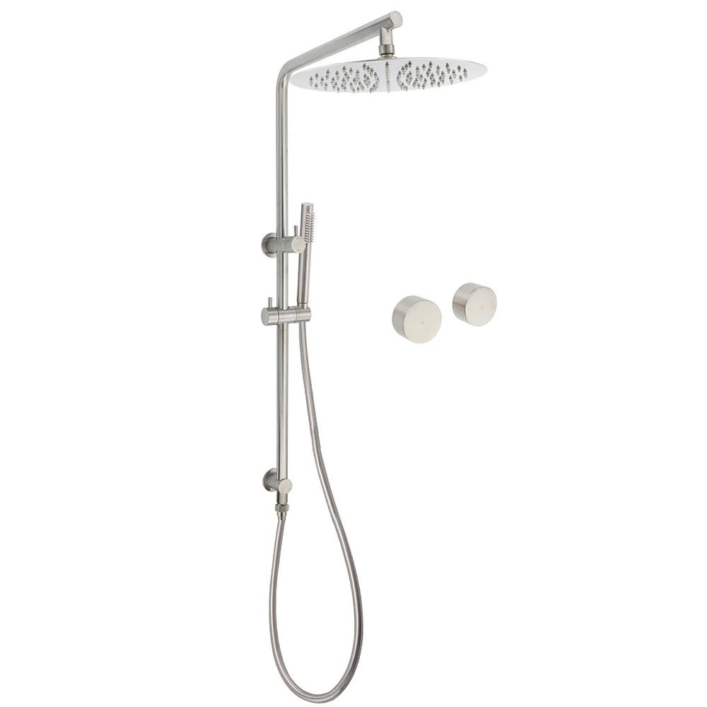 WELS Brushed Nickel Dual Shower Set Sliding Rail Arm 12" Round Head Metal Handheld Twin Taps Valve